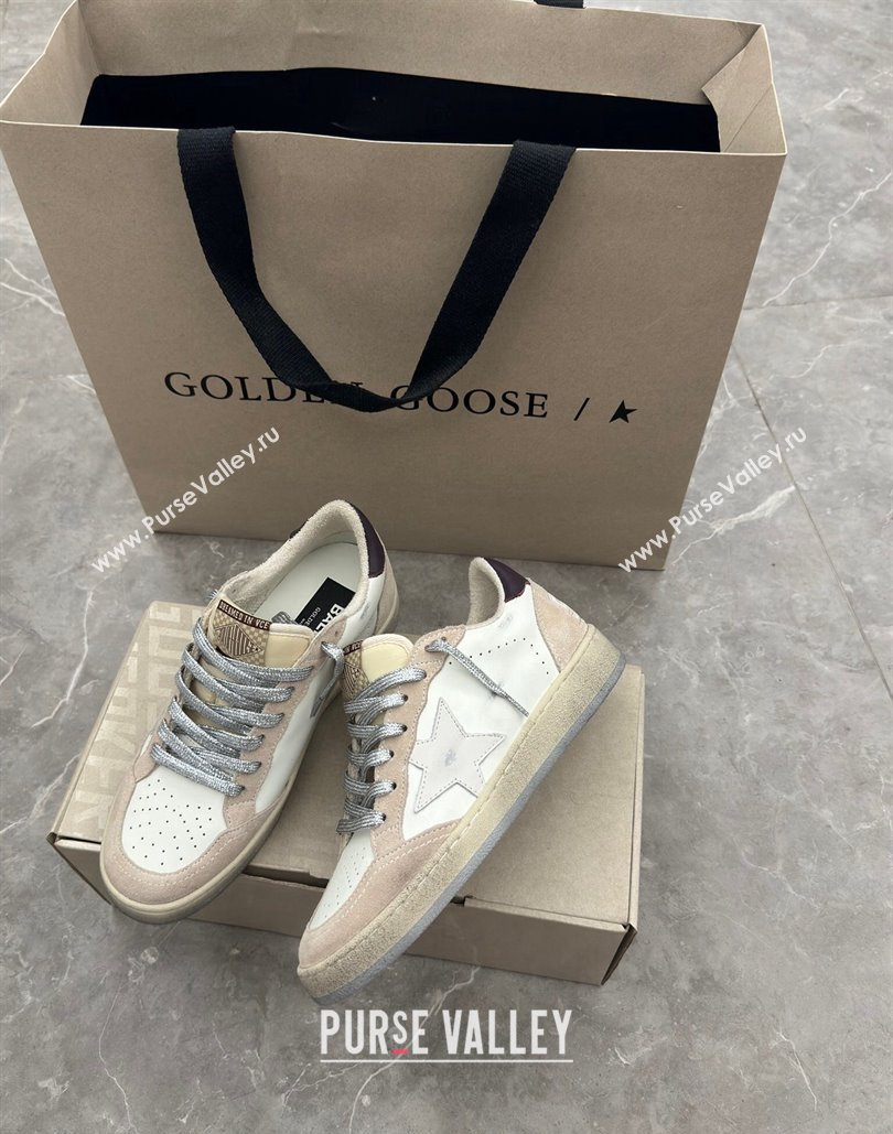 Golden Goose Womens Ball Star Sneakers with white star and burgundy leather heel tab White/Beige 2024 (13-24081005)