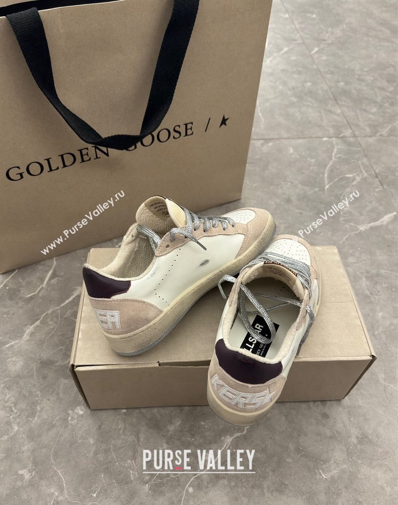 Golden Goose Womens Ball Star Sneakers with white star and burgundy leather heel tab White/Beige 2024 (13-24081005)