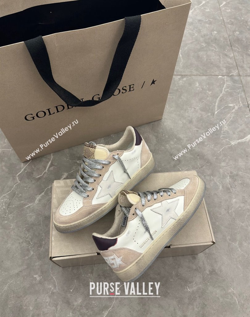 Golden Goose Womens Ball Star Sneakers with white star and burgundy leather heel tab White/Beige 2024 (13-24081005)