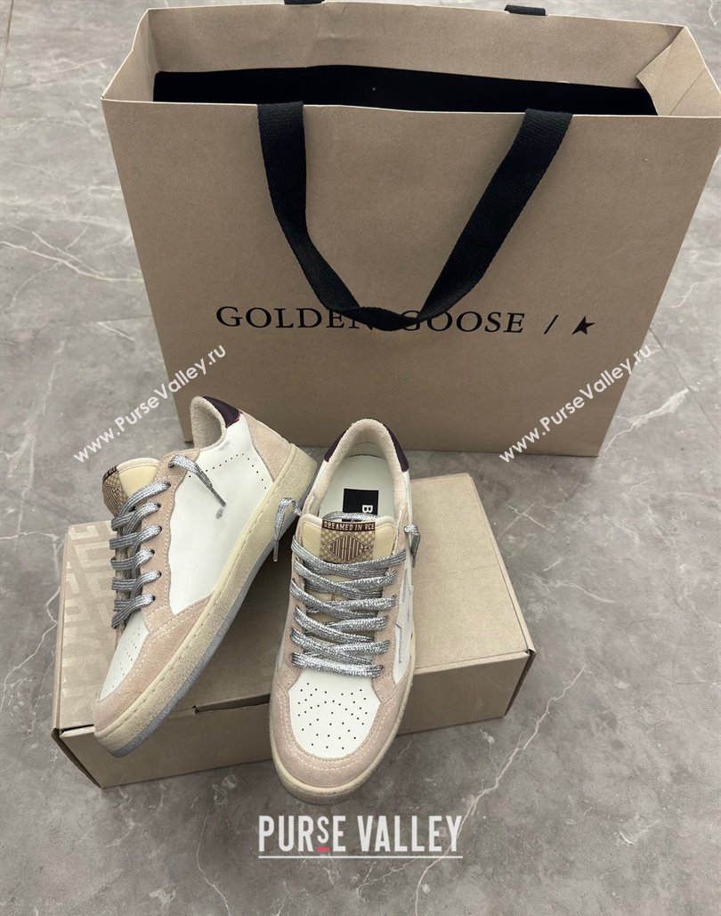 Golden Goose Womens Ball Star Sneakers with white star and burgundy leather heel tab White/Beige 2024 (13-24081005)