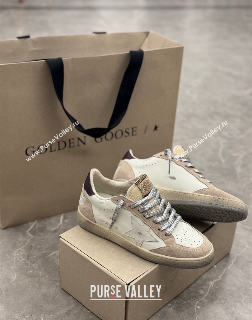 Golden Goose Womens Ball Star Sneakers with white star and burgundy leather heel tab White/Beige 2024 (13-24081005)