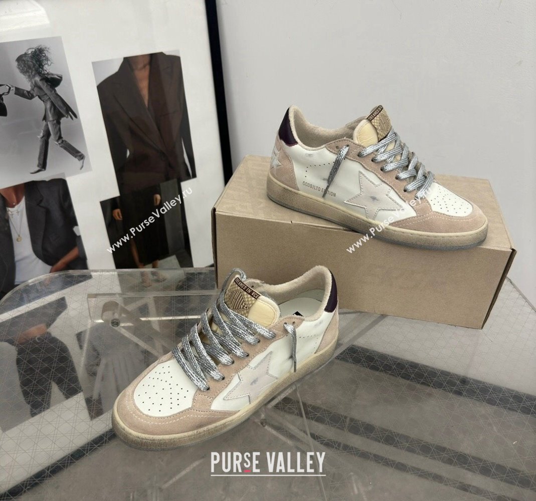 Golden Goose Womens Ball Star Sneakers with white star and burgundy leather heel tab White/Beige 2024 (13-24081005)