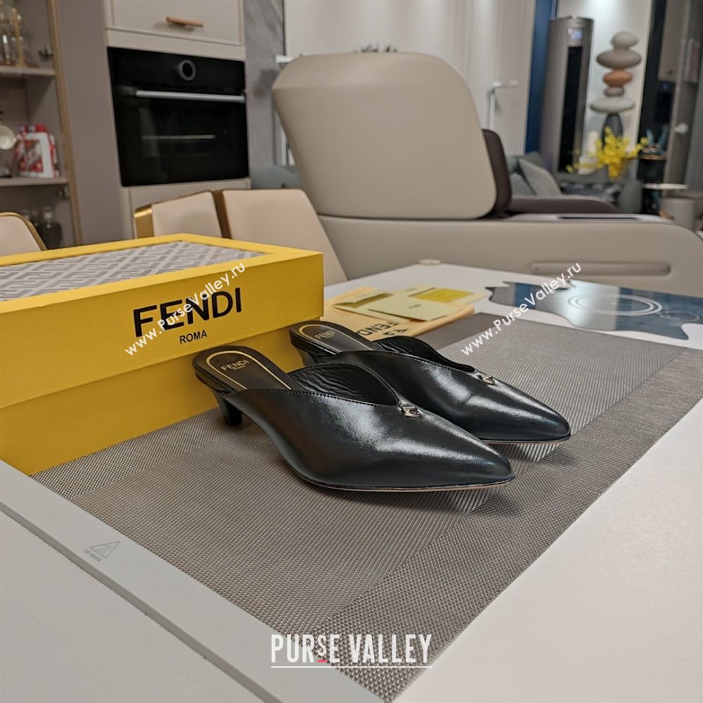 Fendi Feel Heel Mules 4.5cm with Studs in Shiny Calfskin Black 2024 (MD-241122082)