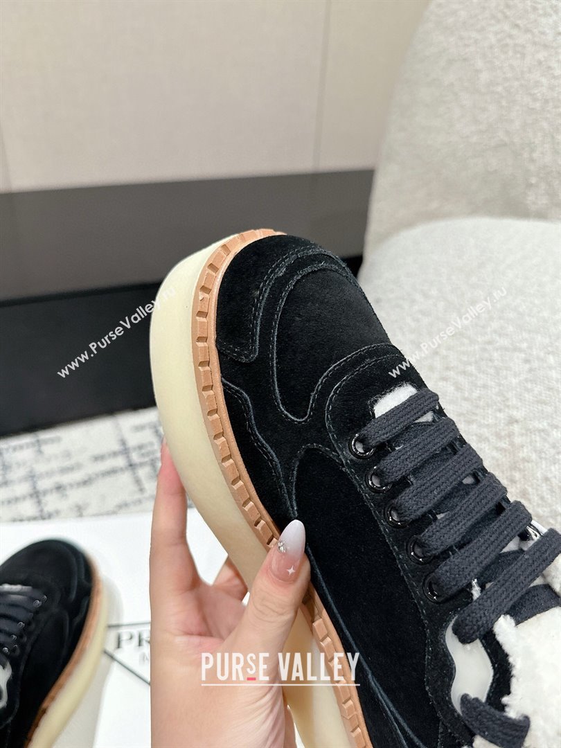 Prada Suede Mid-top Platform Sneakers with Shearling Lining 1T725N Black 2024 (KER-241122056)