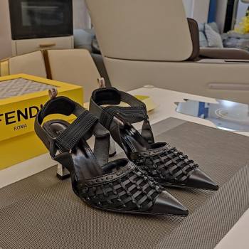 Fendi Colibri Slingback Pumps 6.5cm in Knot Woven Calfskin and Mesh Black 2024 (MD-241122083)