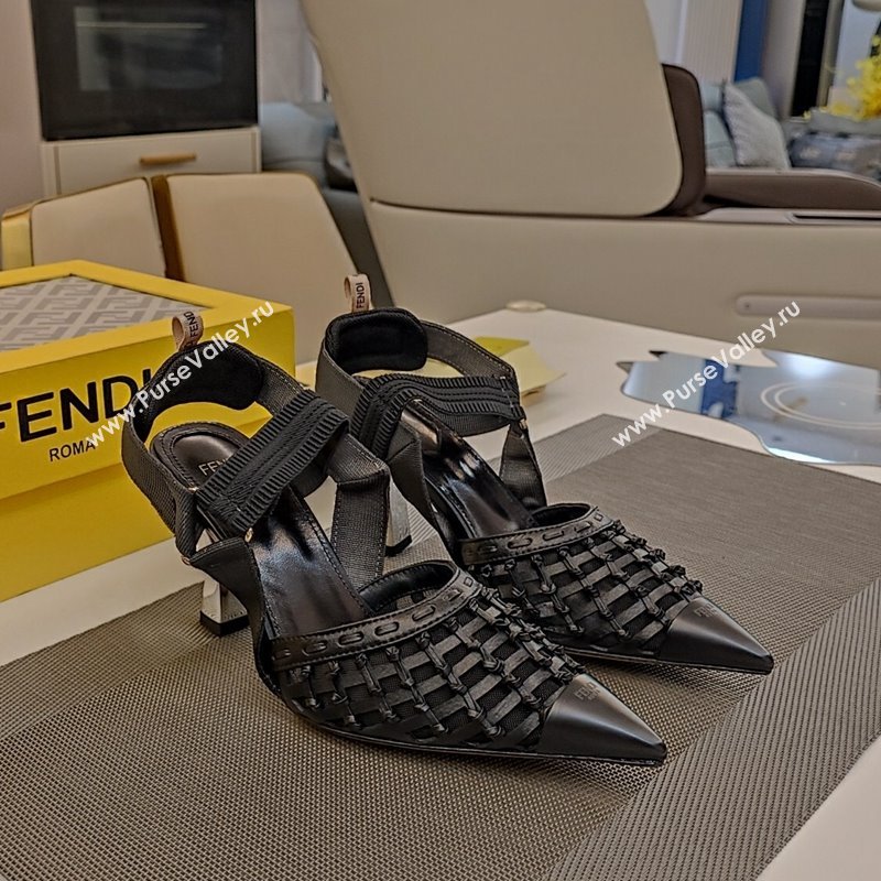 Fendi Colibri Slingback Pumps 6.5cm in Knot Woven Calfskin and Mesh Black 2024 (MD-241122083)