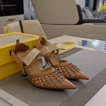 Fendi Colibri Slingback Pumps 6.5cm in Knot Woven Calfskin and Mesh Brown 2024 (MD-241122084)