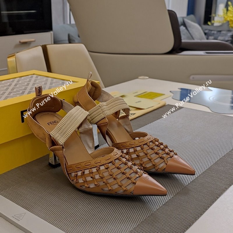 Fendi Colibri Slingback Pumps 6.5cm in Knot Woven Calfskin and Mesh Brown 2024 (MD-241122084)