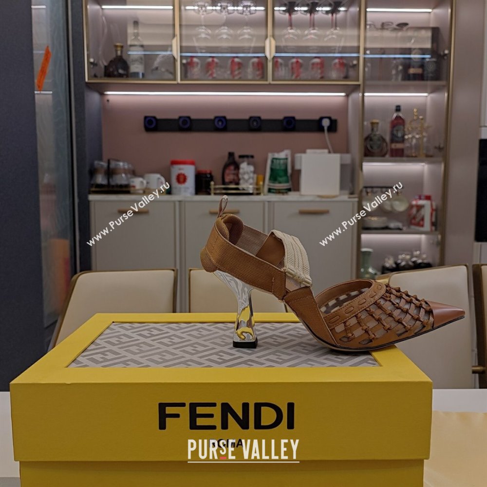 Fendi Colibri Slingback Pumps 6.5cm in Knot Woven Calfskin and Mesh Brown 2024 (MD-241122084)