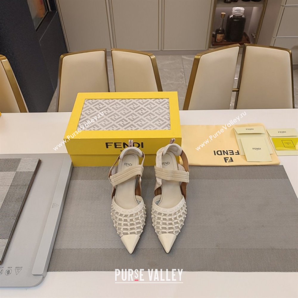 Fendi Colibri Slingback Pumps 6.5cm in Knot Woven Calfskin and Mesh White 2024 (MD-241122086)