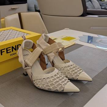 Fendi Colibri Slingback Pumps 6.5cm in Knot Woven Calfskin and Mesh White 2024 (MD-241122086)