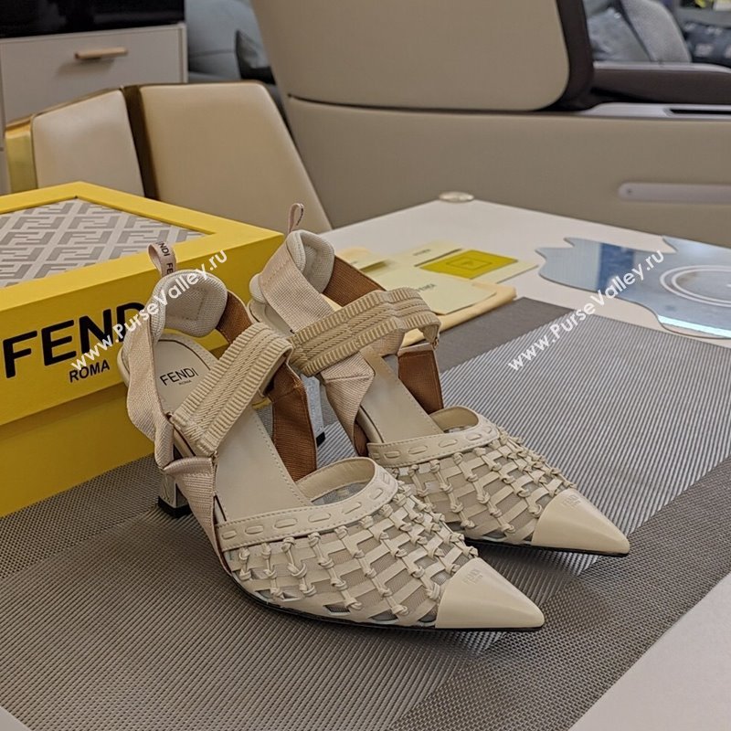 Fendi Colibri Slingback Pumps 6.5cm in Knot Woven Calfskin and Mesh White 2024 (MD-241122086)