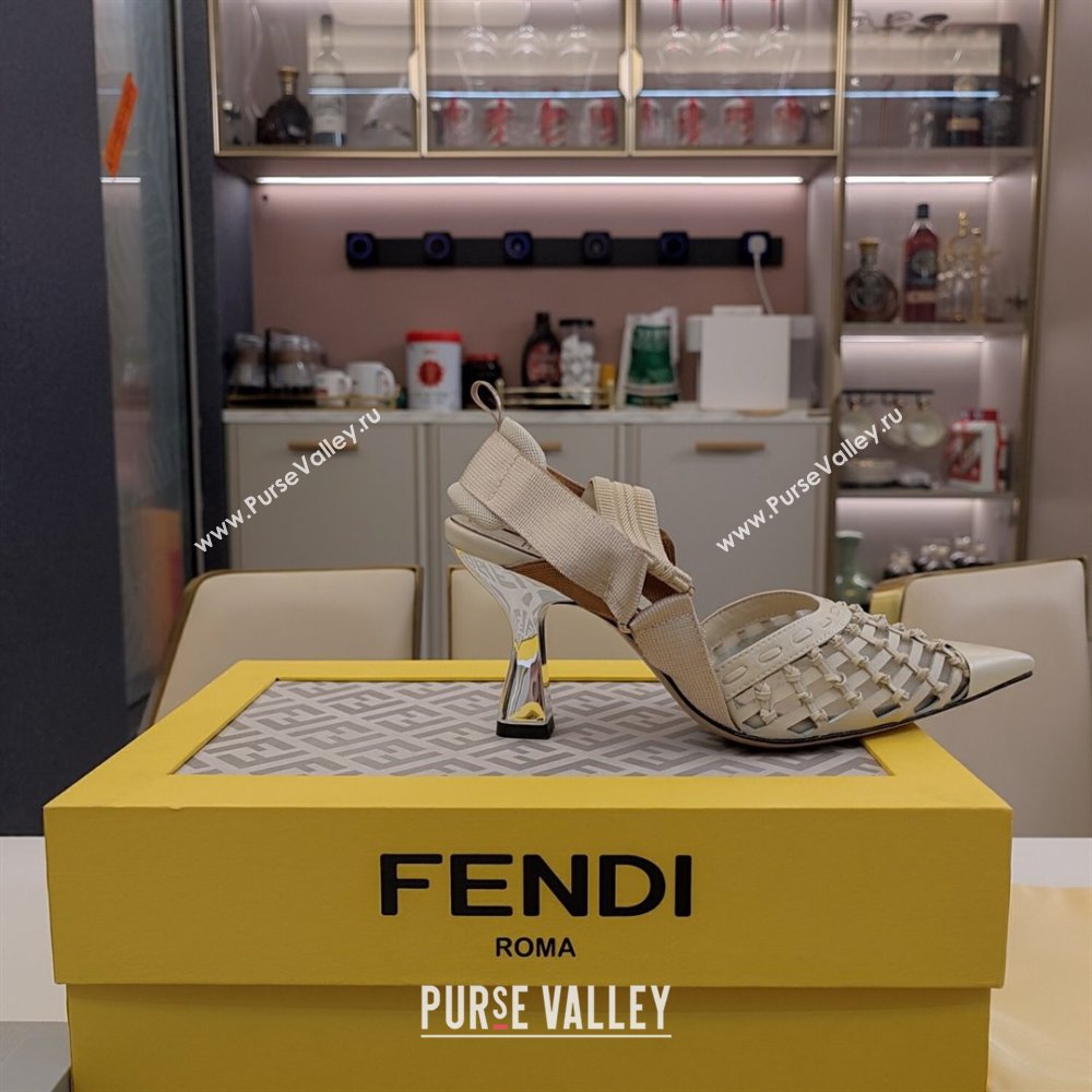 Fendi Colibri Slingback Pumps 6.5cm in Knot Woven Calfskin and Mesh White 2024 (MD-241122086)