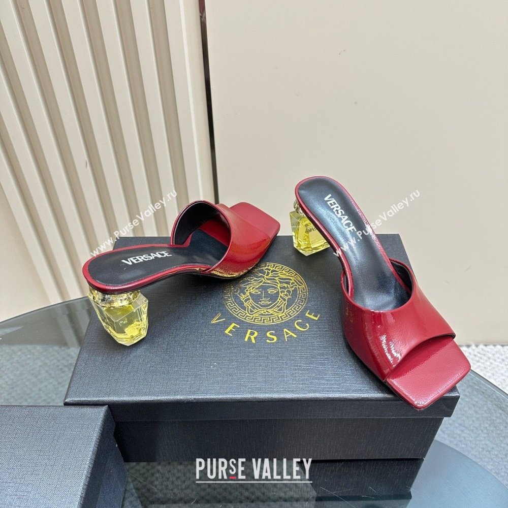 Versace Patent Leather Slides Sandal with Bottle Heel Dark Burgundy 2024 1122 (MD-241122116)