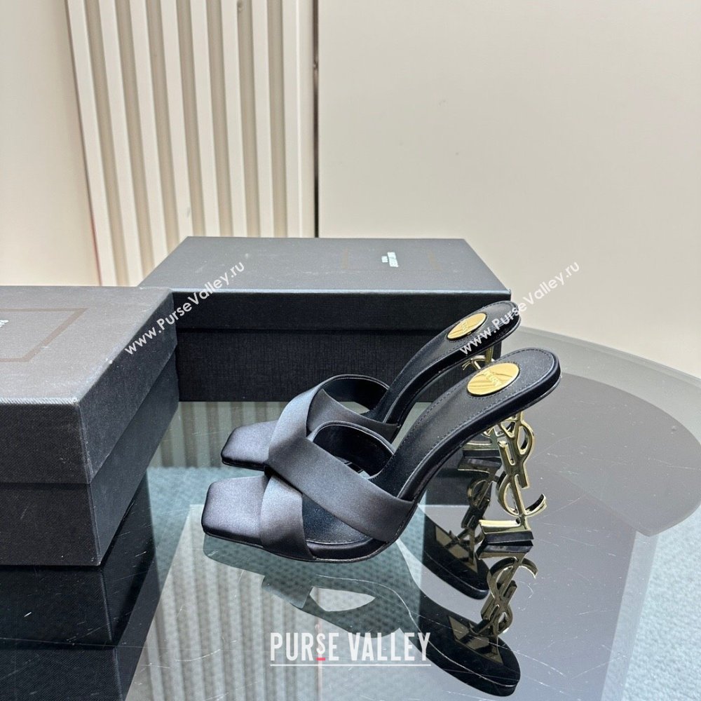 Saint Laurent Satin High Heel YSL Slides Sandal 11cm Black 2024 1122 (MD-241122119)