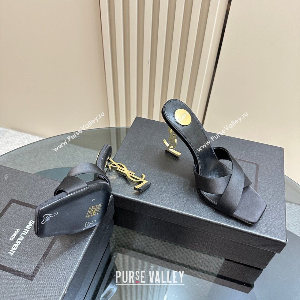 Saint Laurent Satin High Heel YSL Slides Sandal 11cm Black 2024 1122 (MD-241122119)