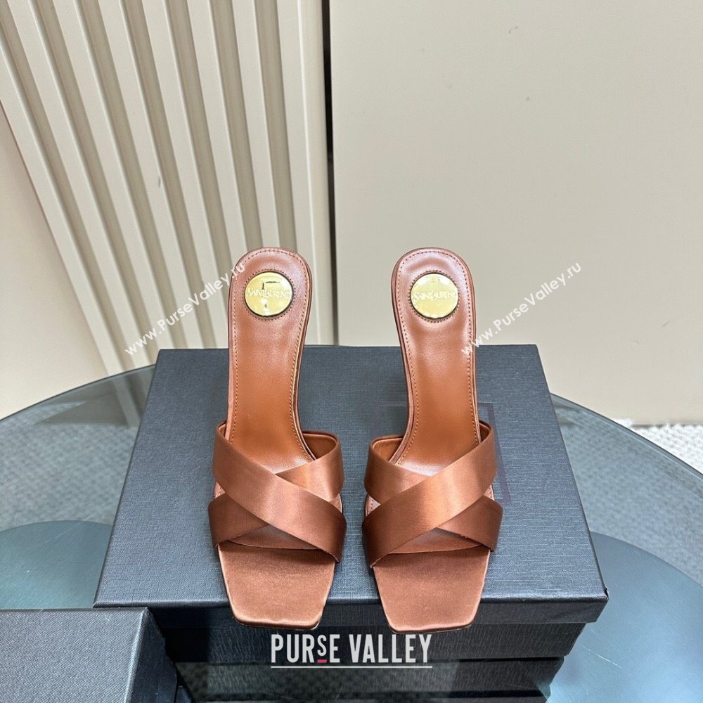 Saint Laurent Satin High Heel YSL Slides Sandal 11cm Brown 2024 1122 (MD-241122120)