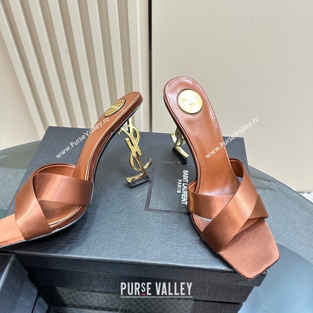 Saint Laurent Satin High Heel YSL Slides Sandal 11cm Brown 2024 1122 (MD-241122120)