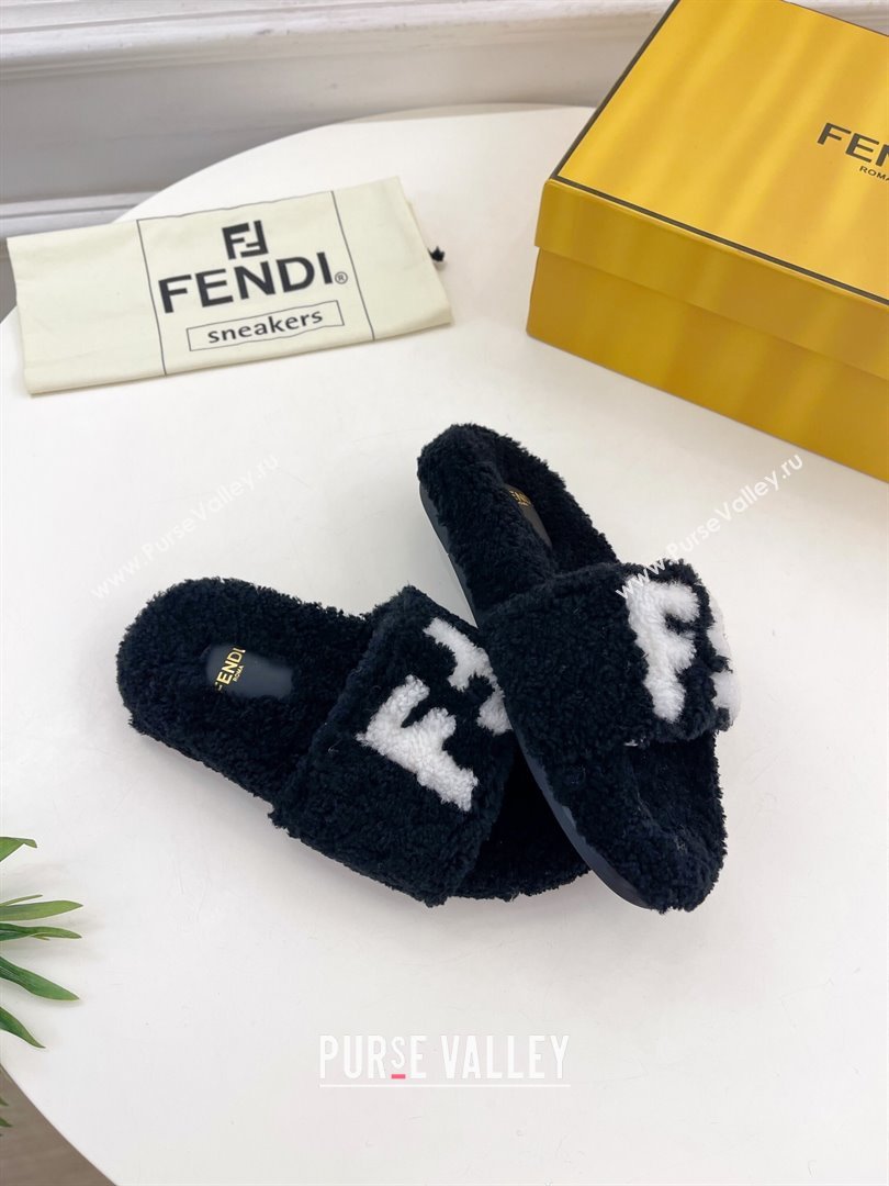 Fendi FF Wool Flat Slides Sandal Black 2024 FF112201 (MD-241122073)