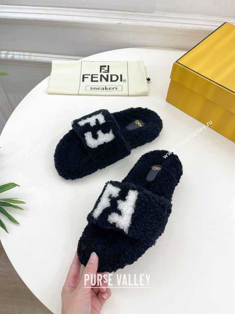 Fendi FF Wool Flat Slides Sandal Black 2024 FF112201 (MD-241122073)