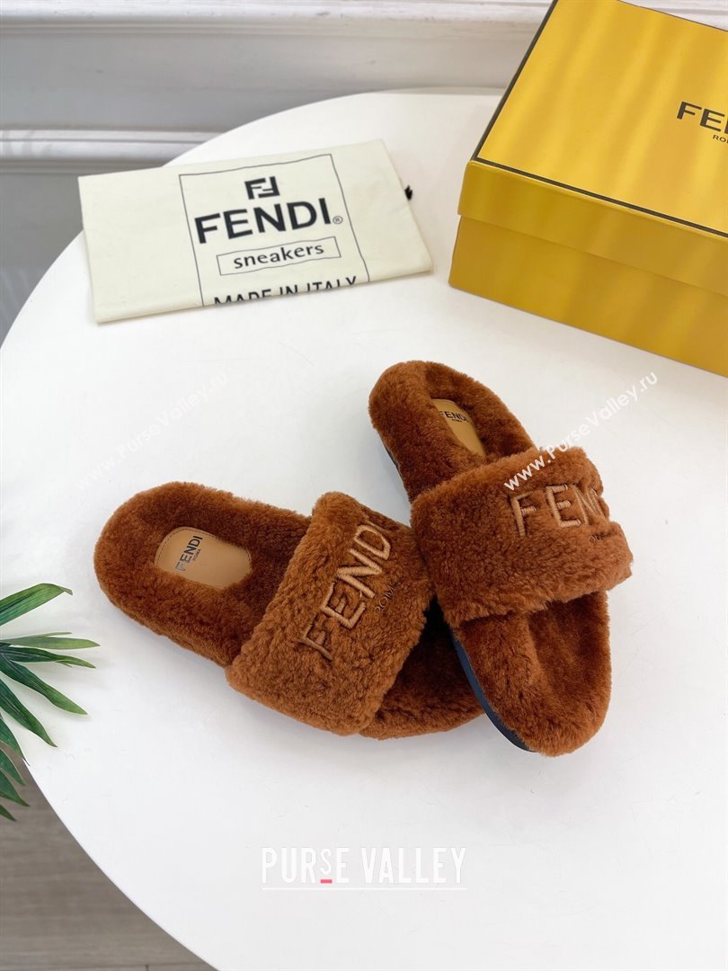 Fendi Logo Wool Flat Slides Sandal Brown 2024 FF112201 (MD-241122074)