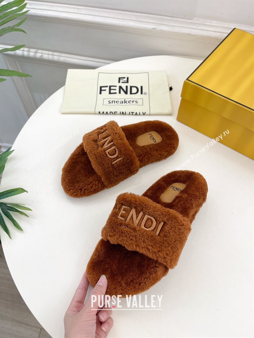 Fendi Logo Wool Flat Slides Sandal Brown 2024 FF112201 (MD-241122074)