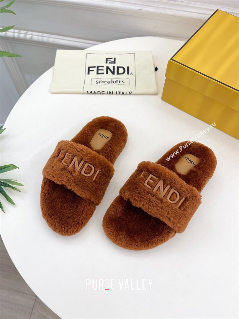 Fendi Logo Wool Flat Slides Sandal Brown 2024 FF112201 (MD-241122074)