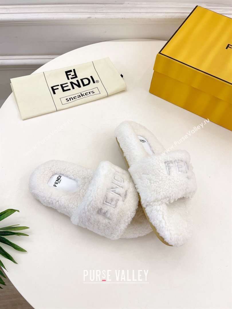 Fendi Logo Wool Flat Slides Sandal White 2024 FF112201 (MD-241122075)