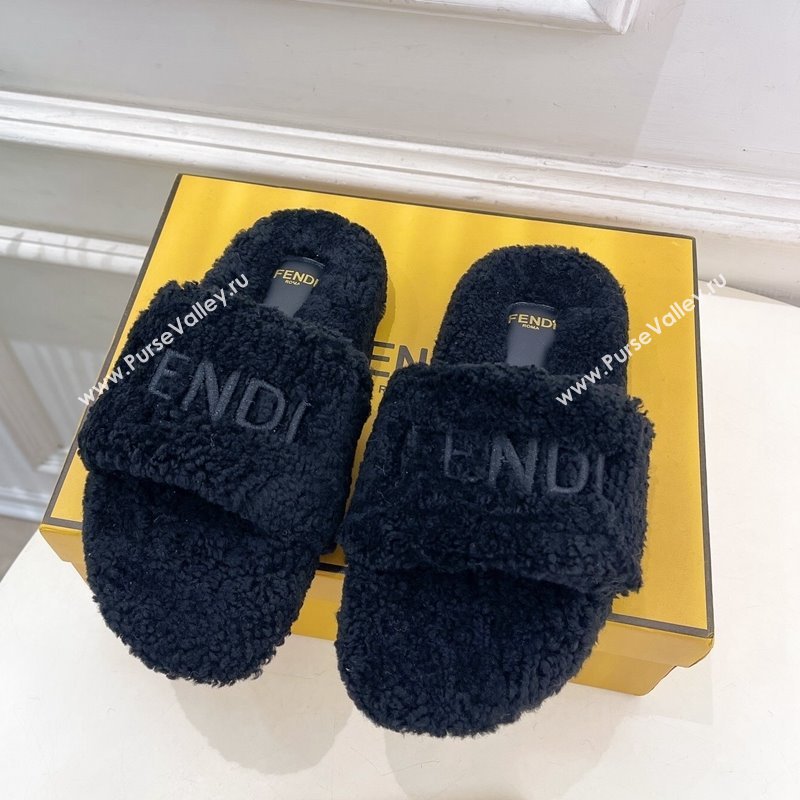 Fendi Logo Wool Flat Slides Sandal Black 2024 FF112201 (MD-241122076)