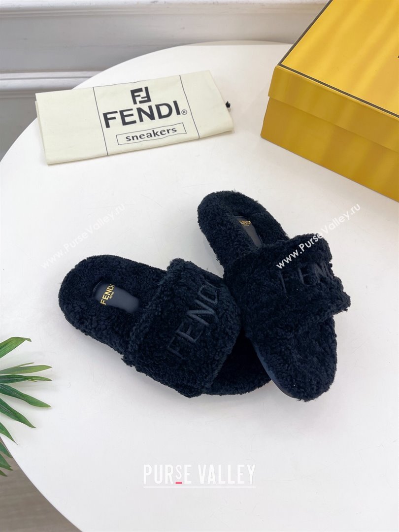 Fendi Logo Wool Flat Slides Sandal Black 2024 FF112201 (MD-241122076)