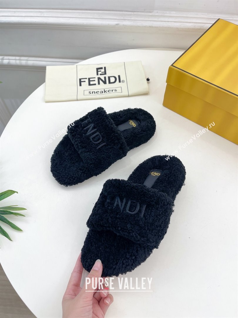 Fendi Logo Wool Flat Slides Sandal Black 2024 FF112201 (MD-241122076)