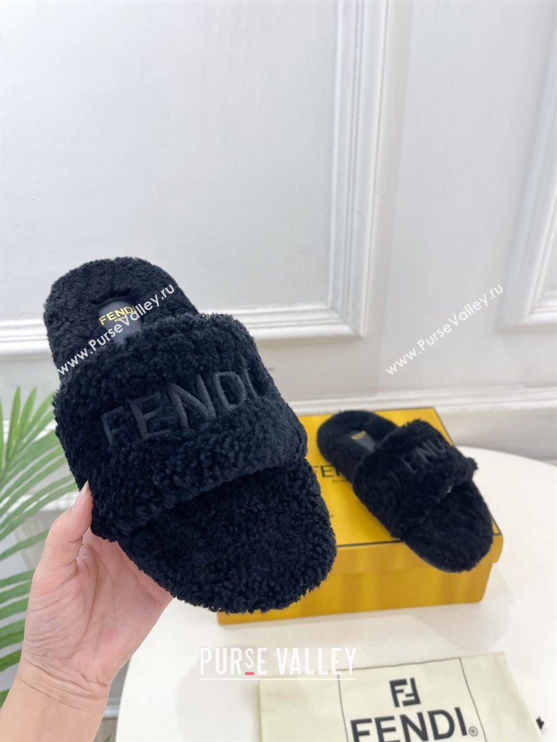 Fendi Logo Wool Flat Slides Sandal Black 2024 FF112201 (MD-241122076)