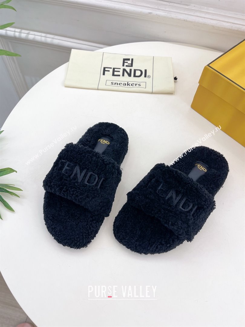 Fendi Logo Wool Flat Slides Sandal Black 2024 FF112201 (MD-241122076)