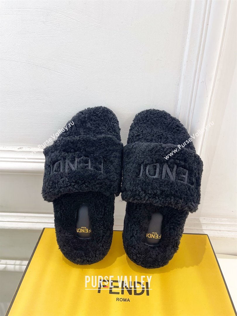 Fendi Logo Wool Flat Slides Sandal Black 2024 FF112201 (MD-241122076)