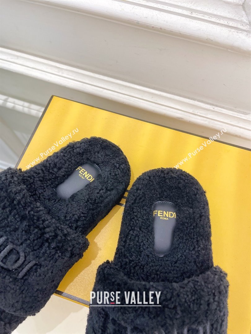 Fendi Logo Wool Flat Slides Sandal Black 2024 FF112201 (MD-241122076)