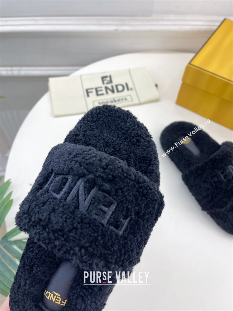 Fendi Logo Wool Flat Slides Sandal Black 2024 FF112201 (MD-241122076)