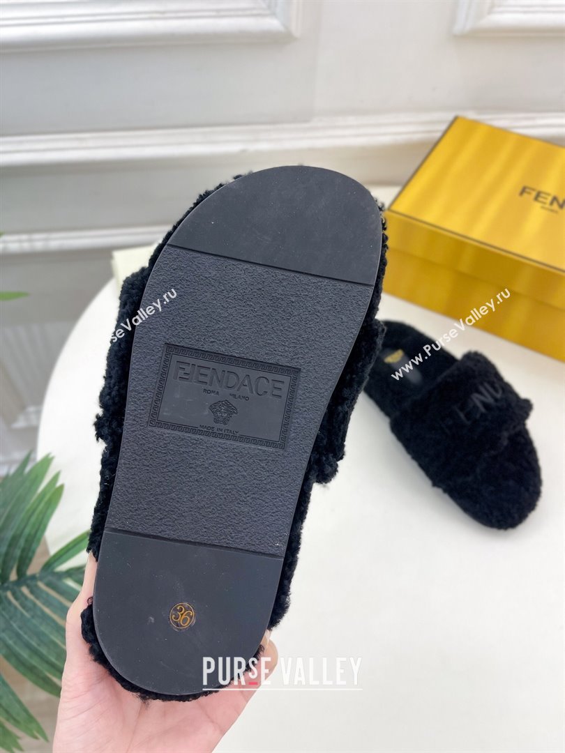 Fendi Logo Wool Flat Slides Sandal Black 2024 FF112201 (MD-241122076)