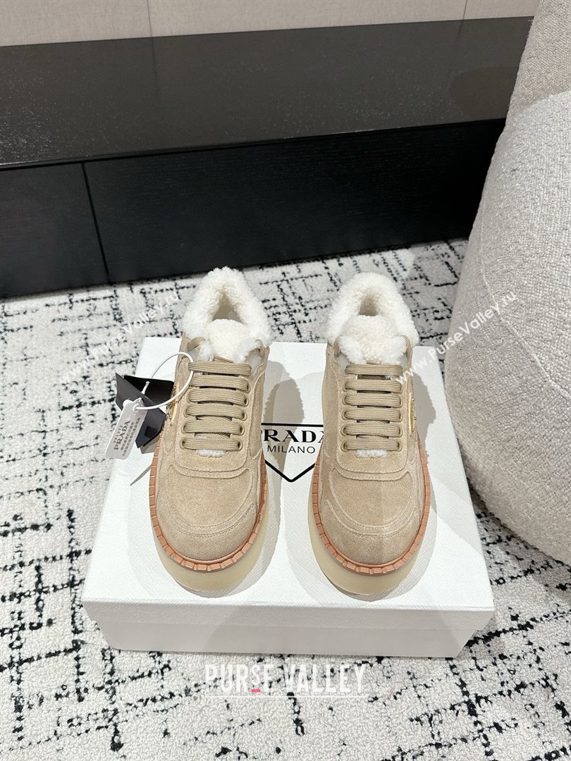 Prada Suede Mid-top Platform Sneakers with Shearling Lining 1T725N Beige 2024 (KER-241122052)