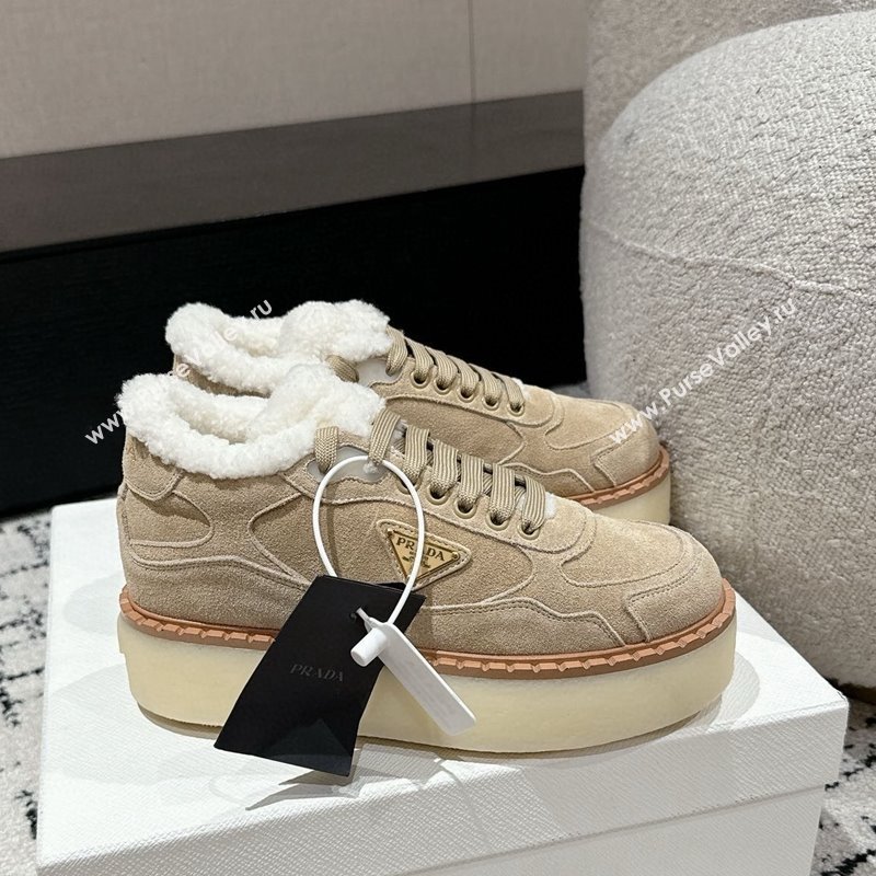 Prada Suede Mid-top Platform Sneakers with Shearling Lining 1T725N Beige 2024 (KER-241122052)