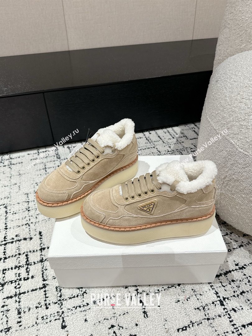 Prada Suede Mid-top Platform Sneakers with Shearling Lining 1T725N Beige 2024 (KER-241122052)