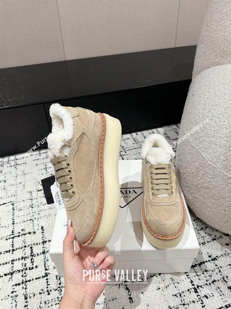 Prada Suede Mid-top Platform Sneakers with Shearling Lining 1T725N Beige 2024 (KER-241122052)