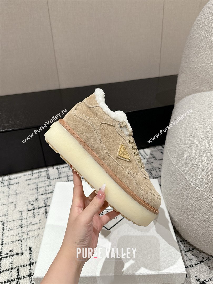 Prada Suede Mid-top Platform Sneakers with Shearling Lining 1T725N Beige 2024 (KER-241122052)