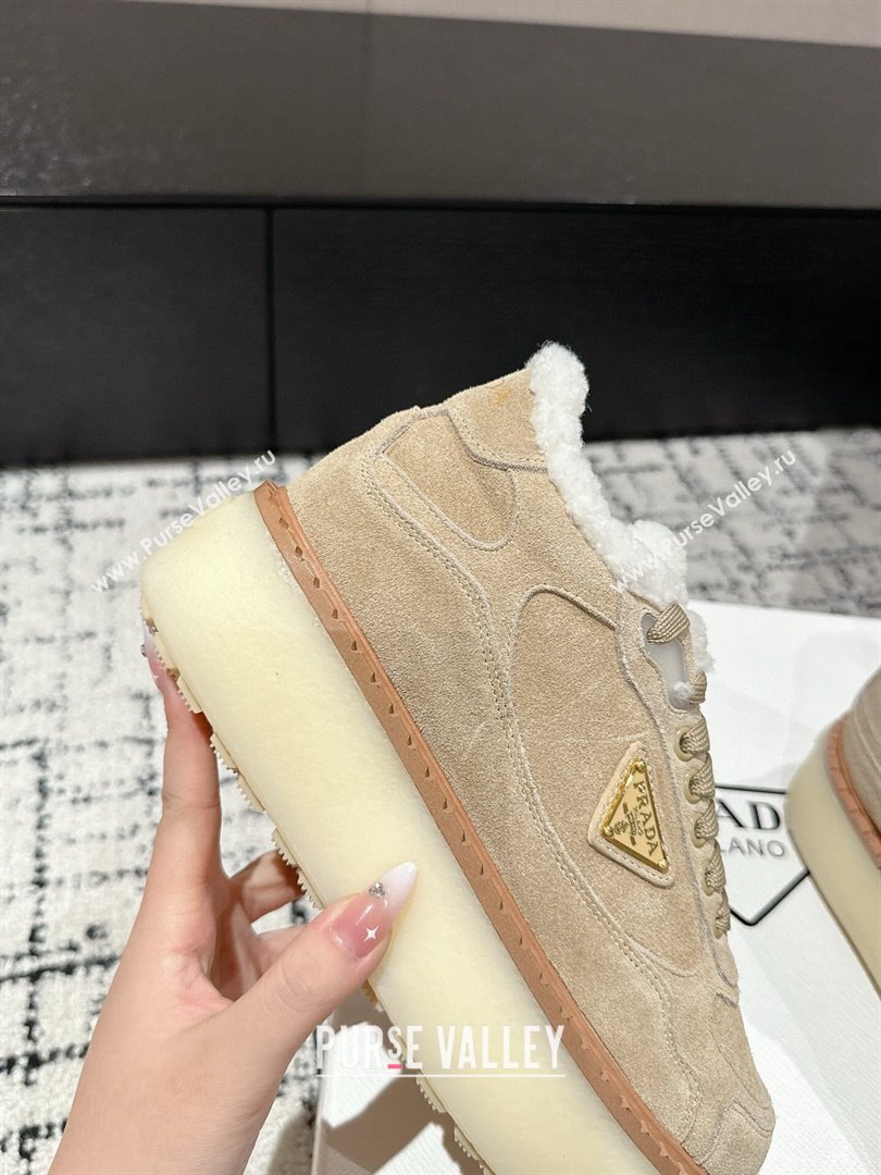 Prada Suede Mid-top Platform Sneakers with Shearling Lining 1T725N Beige 2024 (KER-241122052)