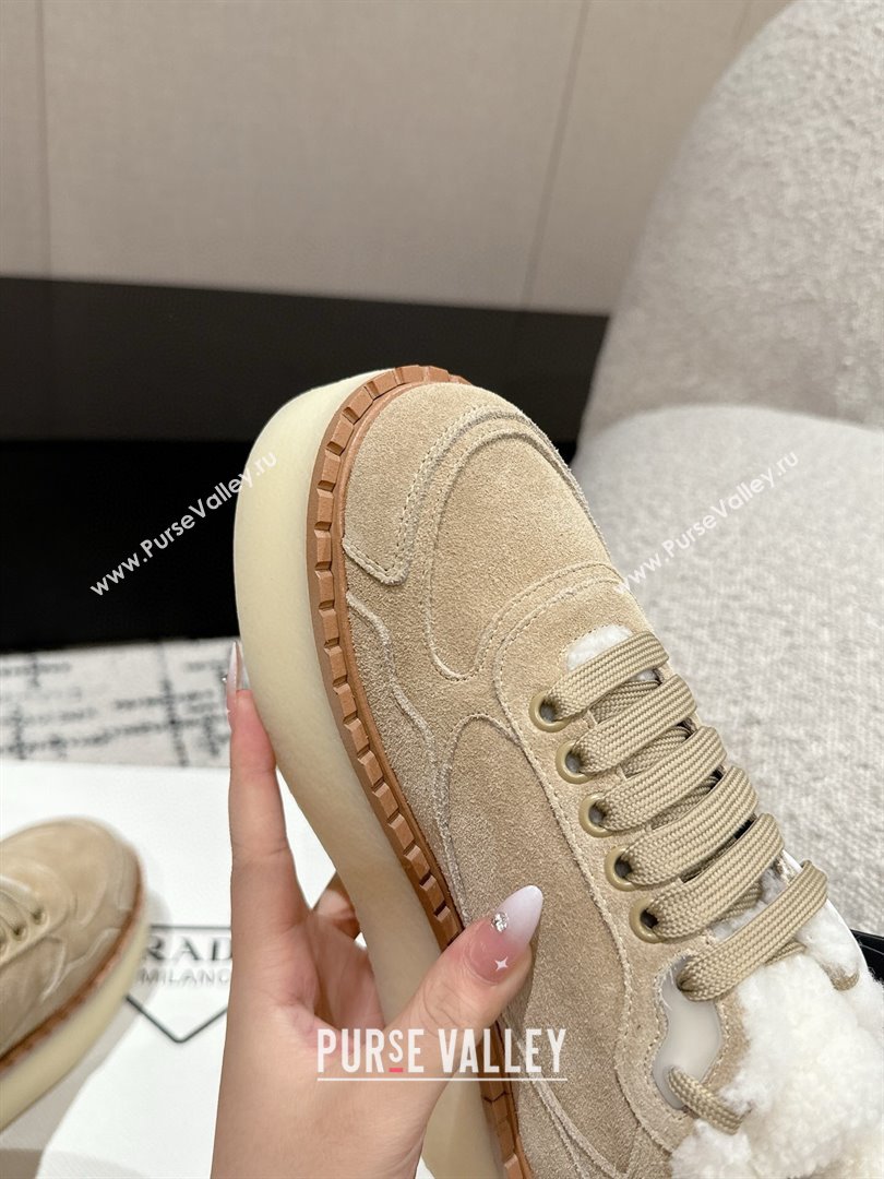 Prada Suede Mid-top Platform Sneakers with Shearling Lining 1T725N Beige 2024 (KER-241122052)