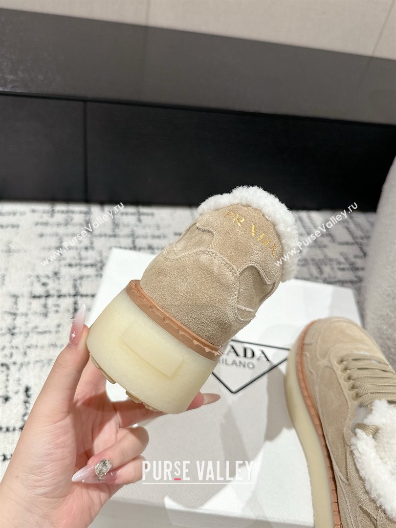 Prada Suede Mid-top Platform Sneakers with Shearling Lining 1T725N Beige 2024 (KER-241122052)