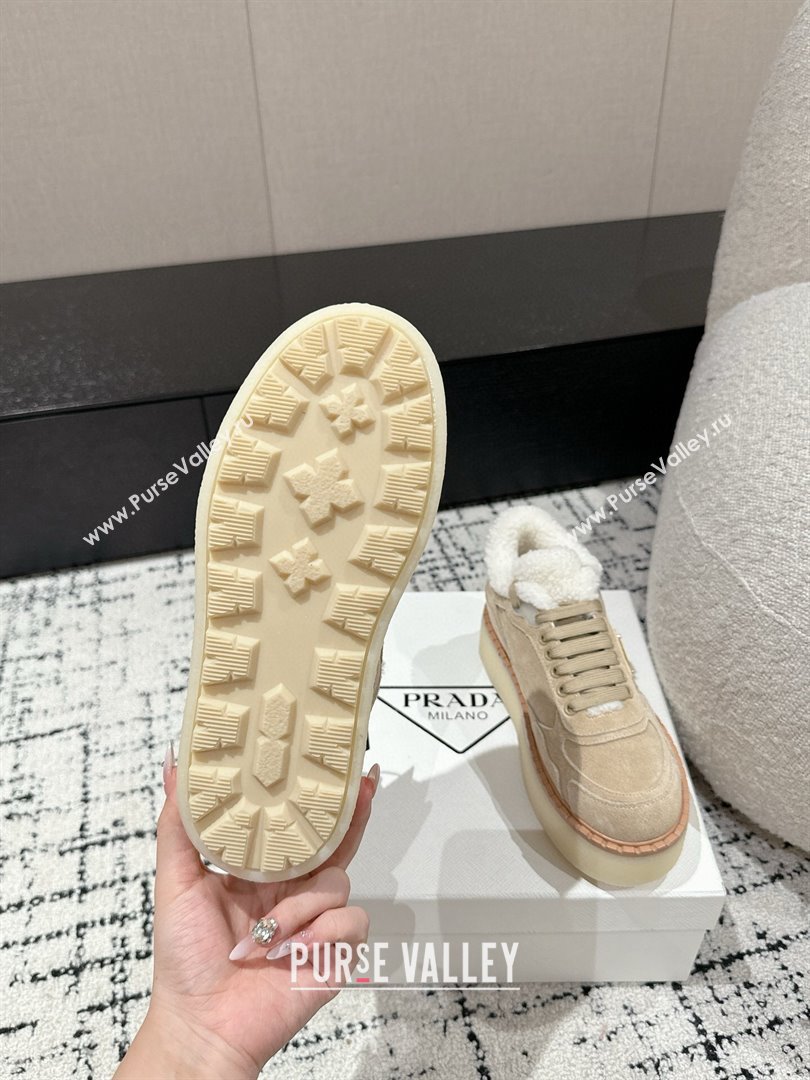 Prada Suede Mid-top Platform Sneakers with Shearling Lining 1T725N Beige 2024 (KER-241122052)