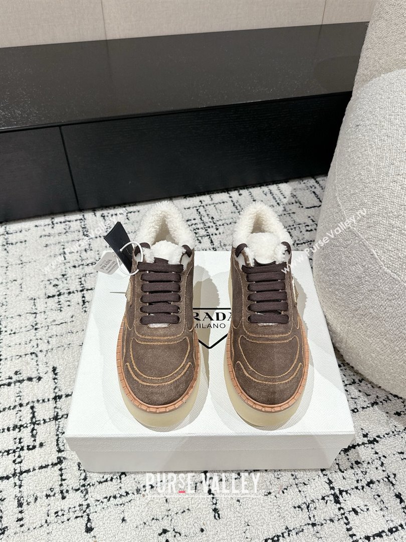 Prada Suede Mid-top Platform Sneakers with Shearling Lining 1T725N Taupe Grey 2024 (KER-241122053)