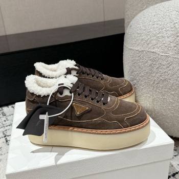 Prada Suede Mid-top Platform Sneakers with Shearling Lining 1T725N Taupe Grey 2024 (KER-241122053)