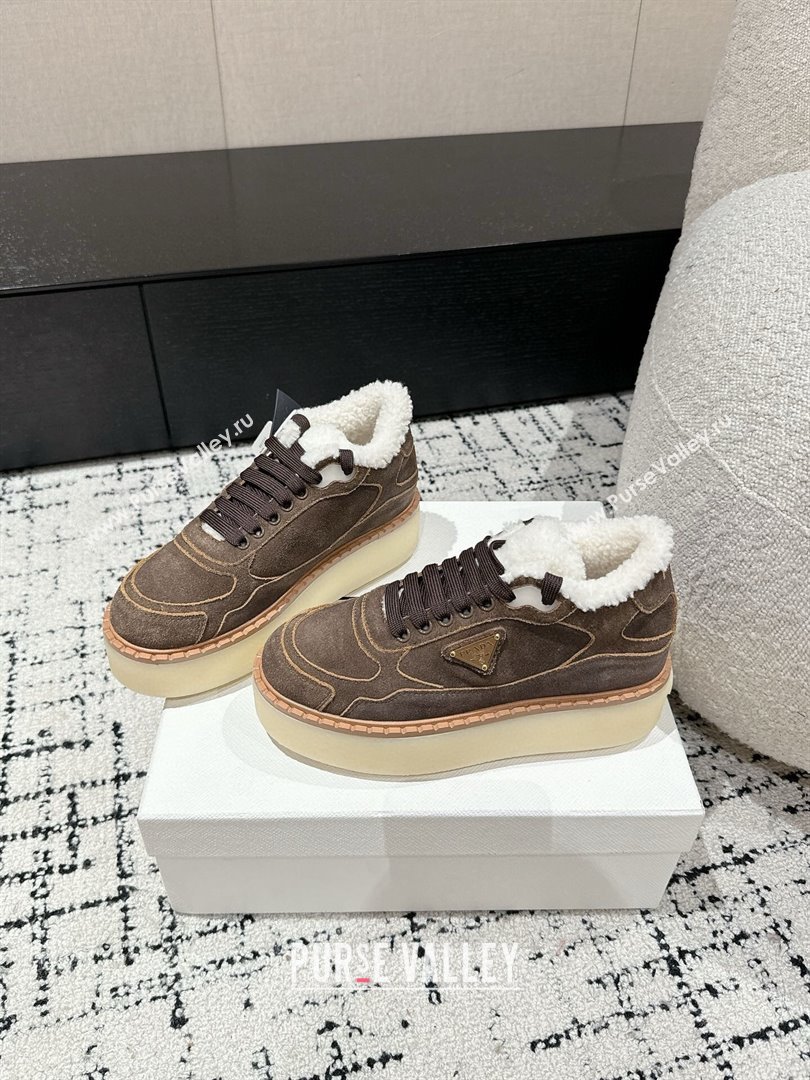 Prada Suede Mid-top Platform Sneakers with Shearling Lining 1T725N Taupe Grey 2024 (KER-241122053)