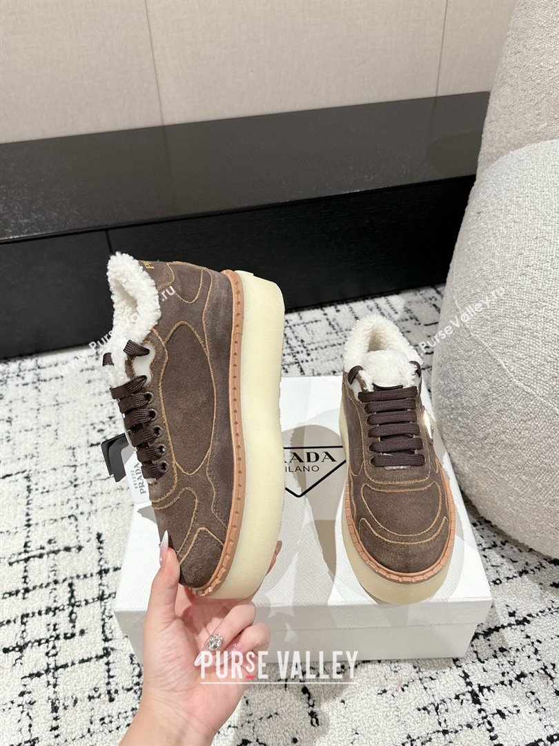 Prada Suede Mid-top Platform Sneakers with Shearling Lining 1T725N Taupe Grey 2024 (KER-241122053)